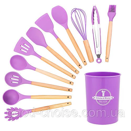 Набір кухонного приладдя 12шт Kitchen Set, Фіолетовий / Кухонний набір із силікону та дерева з підставкою