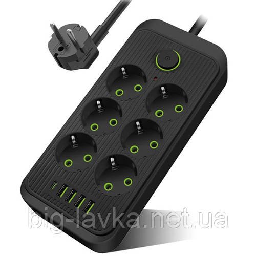 Мережевий фільтр F06U 6 розеток та 4 USB + 1 Type-C  Чорний