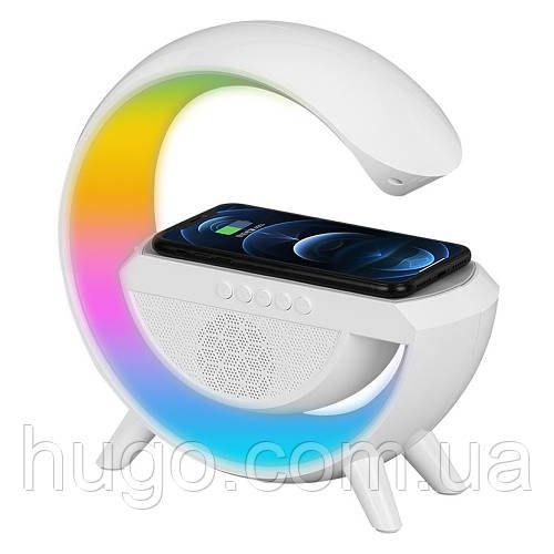 Нічний світильник RGB з бездротовою зарядкою Білий / Розумний нічник лампа з Bluetooth колонкою і радіо