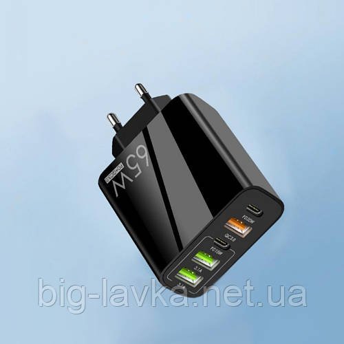 Швидкий зарядний пристрій USB-Type C 65W на 5 портів  Чорний