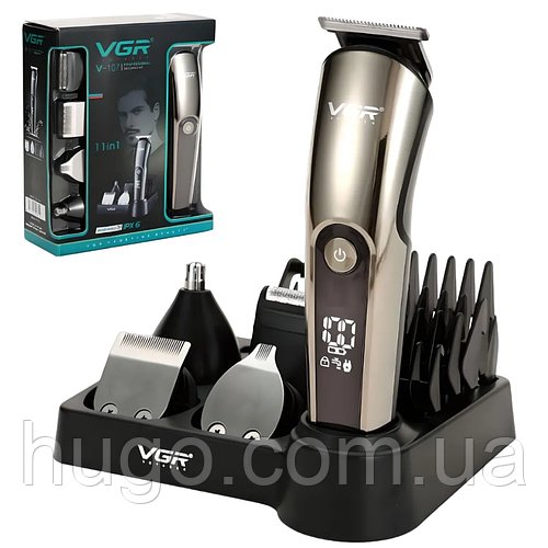 Акумуляторна машинка для стрижки 11 насадок, VGR V-107 / Бездротовий триммер для стрижки / Тример для бороди