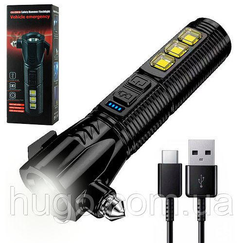 Автомобільний аварійний ліхтарик зі склобоєм та USB, COB-LED, 22018 / Ручний ліхтар для розбивання скла