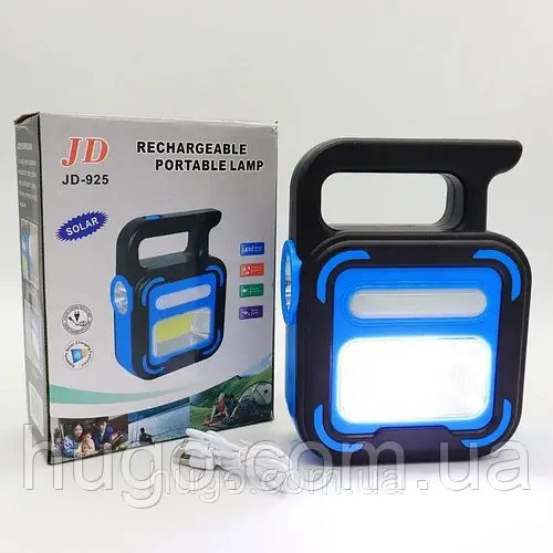Ручний ліхтар USB із сонячною панеллю та повербанком, 1200мАч, COB + LED, JD-925, Синій / Світлодіодний прожектор