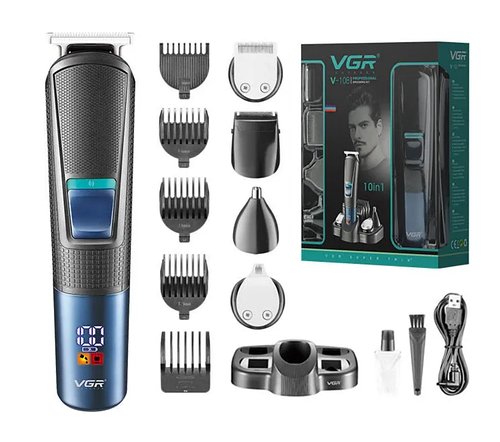 Машинка для стрижки волосся та бороди 10 в 1 з насадками та дисплеєм VGR V-108 Pro