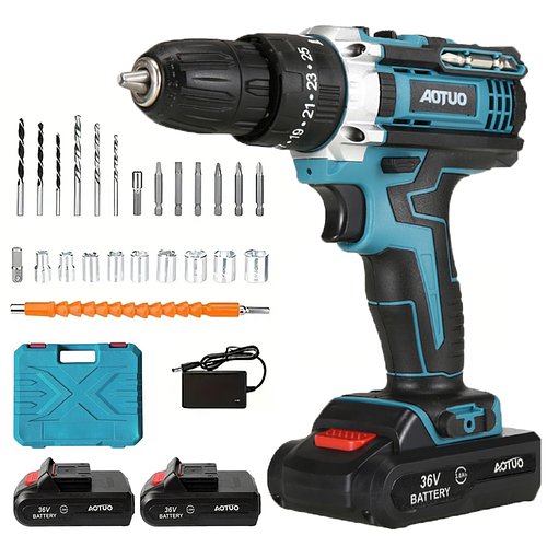 Шуруповерт AOTUO 36Vf (21V) з двома акумуляторами 3000 mAh з набором інструментів у кейсі
