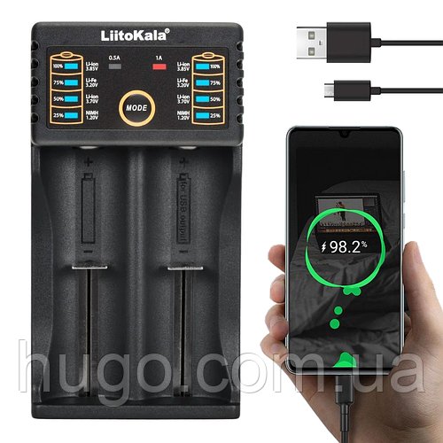 Зарядний пристрій для 2 акумуляторів, LiitoKala Lii-202, з USB / Зарядка для батарей з функцією повербанка