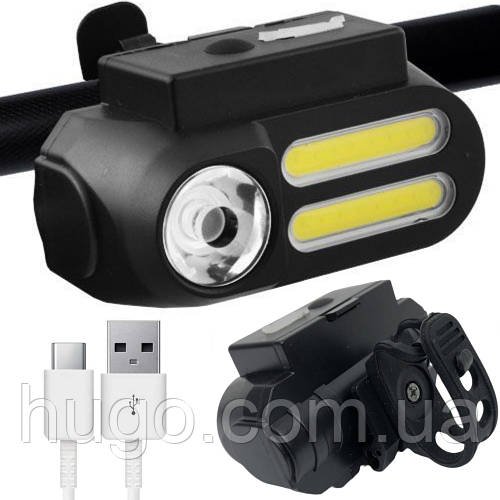 Велосипедний ліхтар BL-611-1LM + 2COB, з USB та акумулятором 18650 / Ліхтар для велосипеда / Велофара на кермо