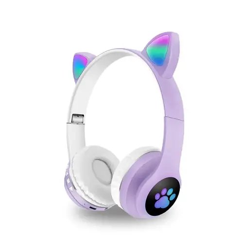 Навушники дитячі бездротові Bluetooth з карткою пам'яті Cat Ear B 39M LED Котячі вушка з підсвічуванням Фіолетовий
