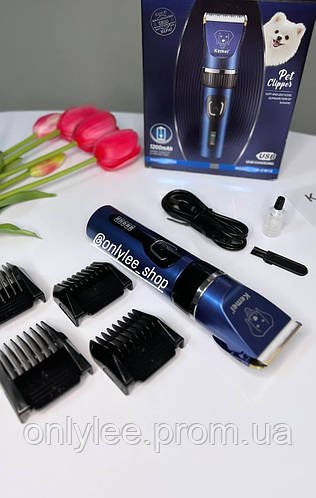 Бездротова машинка для стриження собак і котів Kemei KM-CW12 з керамічними ножами та 4 змінними насадками