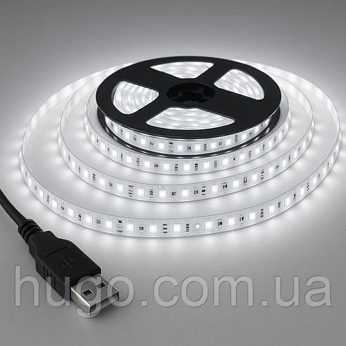 Світлодіодна стрічка 5м, від USB, Холодний Білий / Діодна стрічка від повербанка / Лед підсвітка для дзеркала