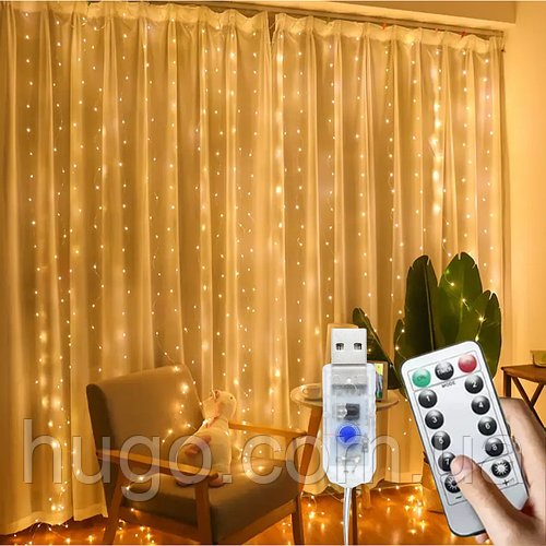 Гірлянда штора від USB (3х3 м) з пультом, 240 Led, Водоспад / Новорічна світлодіодна гірлянда на вікно