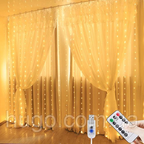 Гірлянда Штора від USB, 3х2м 200 LED + пульт, Жовте світло / Світлодіодна гірлянда на вікно / Новорічна гірлянда