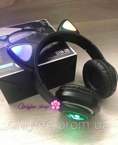 Дитячі бездротові Bluetooth навушники зі світними котячими вушками Cat STN-28 чорного кольору