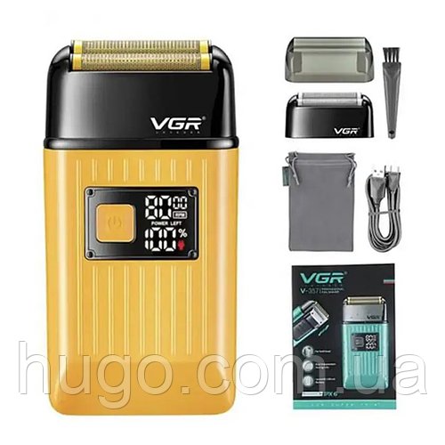 Електробритва шейвер VGR V-357 з USB та LED дисплеєм, Жовта / Акумуляторна бездротова чоловіча бритва
