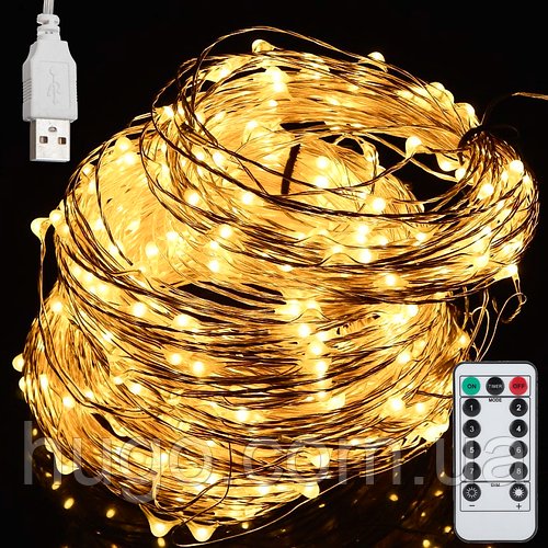 Гірлянда "Роса" від USB 50м 500LED + пульт дистанційного керування, Теплий білий / LED гірлянда нитка кімнатна крапля роси
