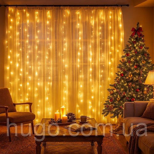 Гірлянда Штора, USB, 2х2 м, з пультом, 160 LED, Теплий білий / Світлодіодна новорічна гірлянда на вікно