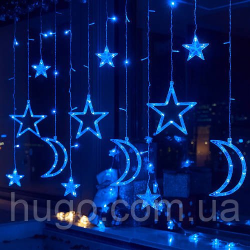 Гірлянда штора 2,5 м ''Зірка та місяць'' 138 LED, Синя / Новорічна гірлянда з пультом