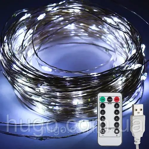 Гірлянда "Роса" від USB 50м 500LED + пульт дистанційного керування, Холодний білий / LED гірлянда нитка кімнатна крапля роси