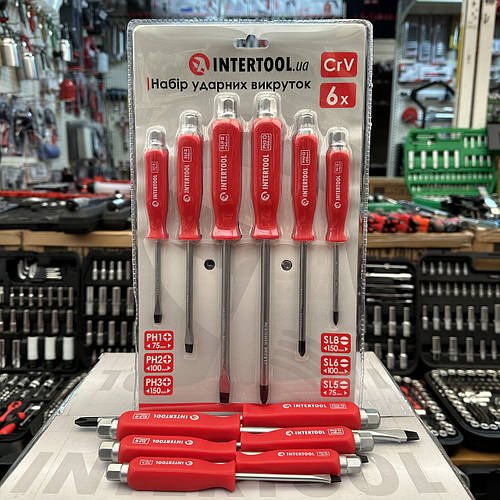 Набір викруток ударних 6 од. INTERTOOL HT-0403 CR-V сталь SL: 5, 6, 8; PH1, PH2, PH3