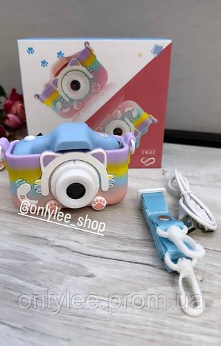 Детский цифровой фотоаппарат котик с селфи камерой Cute Kitty Camera с 5 играми и чехлом радугой синий