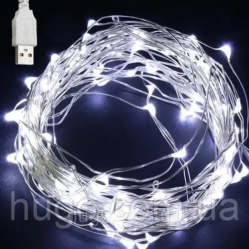 Гірлянда "Роса" від USB 20м 200LED, Холодний білий / Новорічна гірлянда нитка кімнатна
