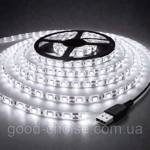 Світлодіодна LED стрічка 5м, від USB, Холодний Білий / Гнучка самоклеюча стрічка від павербанка / Підсвітка інтер'єру