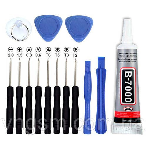 Набір для ремонту смартфона 14 в 1 / викрутки / медіатори / лопатки / присоска / клей B7000 прозорий 15 ml