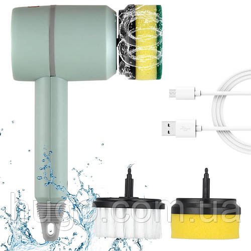 Акумуляторна щітка для прибирання від USB + 3 насадки, Cleaner brush, Зелена / Електрична щітка для прибирання