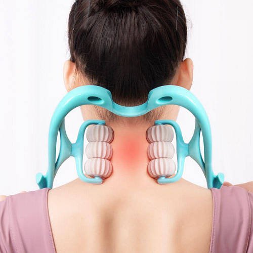 Ручний роликовий масажер 6 роликів для шиї та тіла Hexiang Neck Massager Блакитний HP227