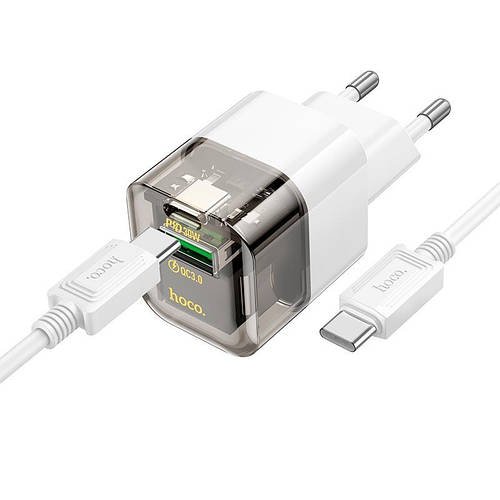 Адаптер мережний HOCO C131A dual-port 1USB 1Type-C 30W/3A PD QC швидка зарядка + кабель Type-C to Type-C 1м
