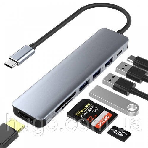 USB хаб 7в1, Type-C to HDMI + SD + TF + 3хUSB + PD / Мультифункціональний юсб хаб / Розгалужувач USB