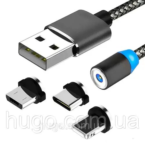 Магнітний кабель 3в1 (USB - Type-C, Micro USB, Lighting) 1м, з LED підсвіткою M3, Чорний / Магнітна зарядка