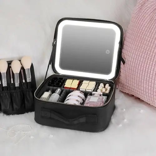 Портативна шкіряна косметичка з дзеркалом та підсвічуванням 26x23x11 см Black SN27