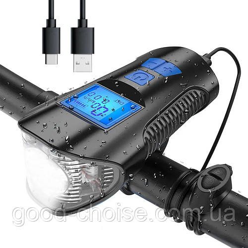 Велофара з комп'ютером та сигналом XA-585-T6 + 2LED, від USB / Водостійка фара на велосипед