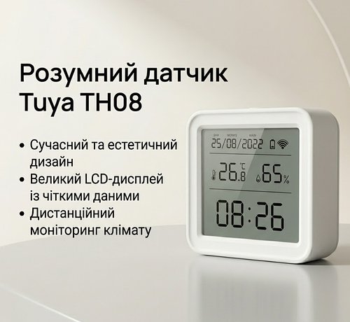 Розумний WiFi датчик температури та вологості Tuya TH08 з LCD-екраном, годинником та підсвіткою