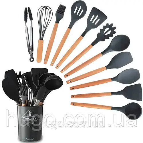 Набір кухонного приладдя 12шт Kitchen Set, Чорний / Силіконовий кухонний набір з підставкою