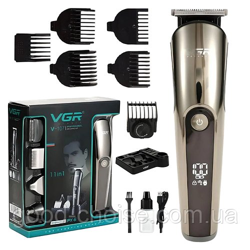 Акумуляторна машинка для стрижки волосся 5в1 VGR V-107 / Набір для стрижки волосся / Бездротовий тример