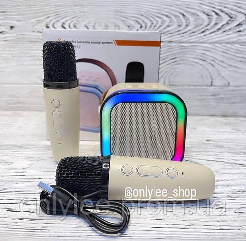 Портативна Bluetooth колонка 2в1 з RGB-підсвіткою K12 колонка-караоке з двома мікрофонами Бежева