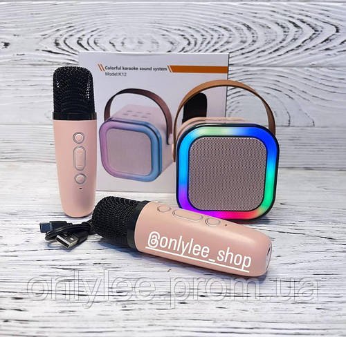 Портативна Bluetooth колонка 2в1 з RGB-підсвіткою K12 колонка-караоке з двома мікрофонами Рожева