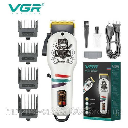 Чоловіча акумуляторна машинка для стриження волосся VGR V-699 з дисплеєм і 4 змінними насадками (3-12 мм) Біла