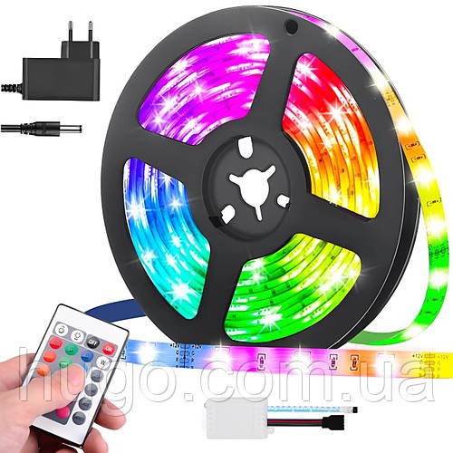 Комплект Світлодіодна стрічка багатобарвна 3528 RGB комплект 5м з пультом, від мережі / RGB підсвітка / Лед стрічка