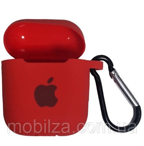(Укр ) Чохол Silicone Case для AirPods 1/2 з яблуком, з карабіном- червоний