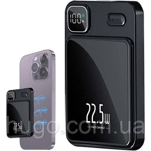 Зовнішній акумулятор 10000mAh, 22,5W, Type-c, MagSafe, Чорний / Безпровідний PowerBank / Магнітний повербанк