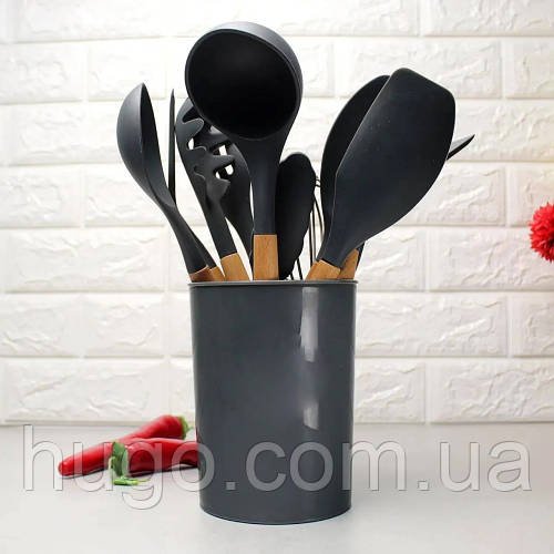 Набір кухонного приладдя 12шт Kitchen Set, Сірий / Силіконовий кухонний набір з підставкою