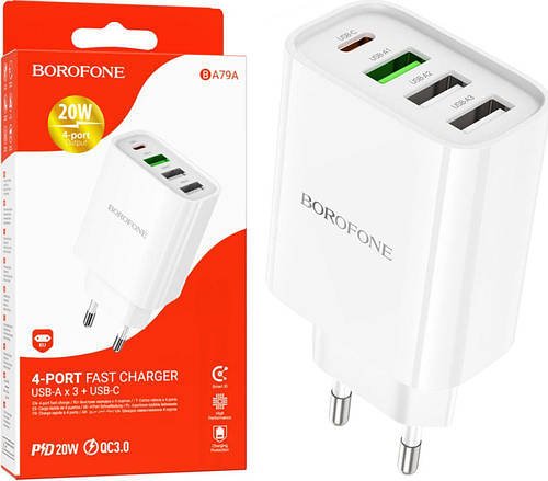 Зарядний пристрій Borofone BA79A PD20W QC3.0 (3 USB + TypeC) White