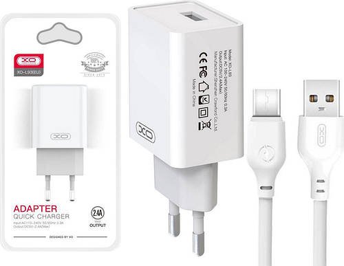 Зарядний пристрій XO L93 2.4Amax (USB + кабель TypeC) White