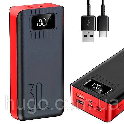 Повербанк 30000mah, 2хUSB, Type-C, Lighting, KL112, Червоний / Powerbank / Повербанк з ліхтариком