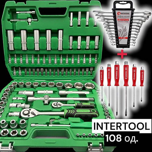 Акційний автомобільний набір інструментів INTERTOOL 108 од. ET-6108SP + ключі HT-1203 + ударні викрутки