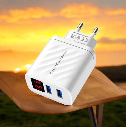 Мережевий зарядний пристрій AR-220 2,4A з LED-дисплеєм, 2 USB-порти, швидкий та безпечний заряд