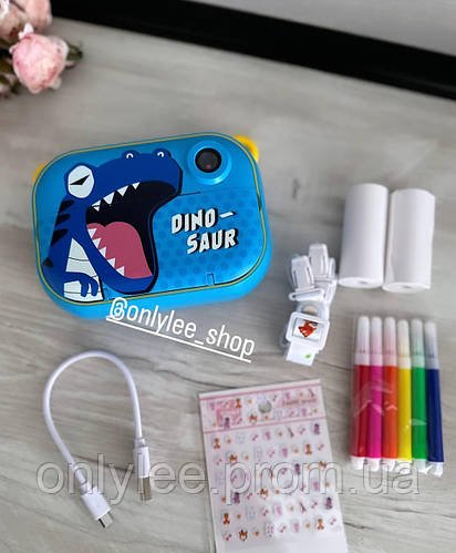 Дитячий фотоапарат миттєвого друку YT008 BLUE DINOSAUR з підтримкою microSD card цифровий на дві камери
